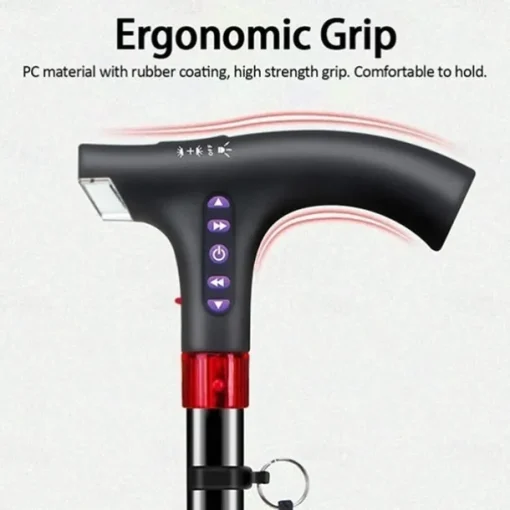 Multifunctional Height Adjustable Portable Walking Stick with MP3 Music Player, LED Radio Listening, Interesting Auto Alarm Function