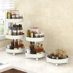 Multifunctional Kitchen 360 Rotating Storage Rack Spice Box Shelf Height Adjustable Bathroom Cosmetics Organizer