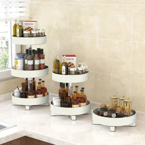 Multifunctional Kitchen 360 Rotating Storage Rack Spice Box Shelf Height Adjustable Bathroom Cosmetics Organizer