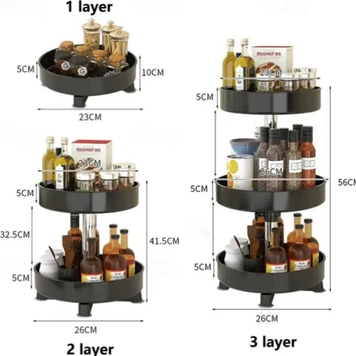 Multifunctional Kitchen 360 Rotating Storage Rack Spice Box Shelf Height Adjustable Bathroom Cosmetics Organizer