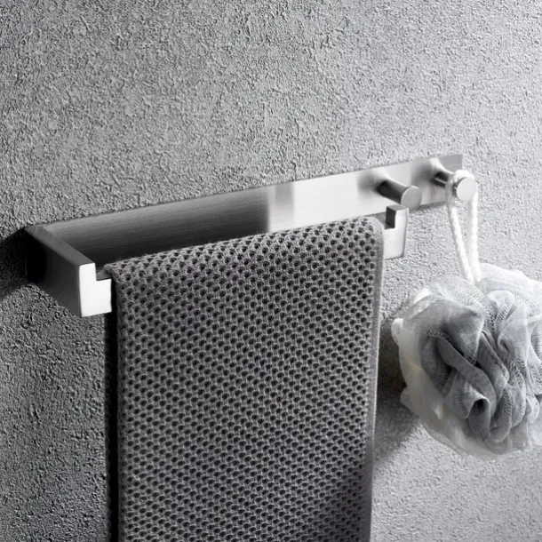 Multifunctional Towel Bar with Coat Hooks Punch-free Self-adhesive Bathroom Shelf Stainless Steel Brushed Silver and Black 1pc