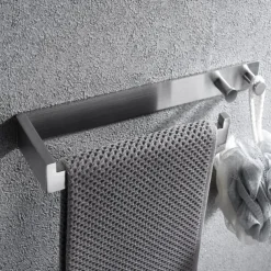 Multifunctional Towel Bar with Coat Hooks Punch-free Self-adhesive Bathroom Shelf Stainless Steel Brushed Silver and Black 1pc