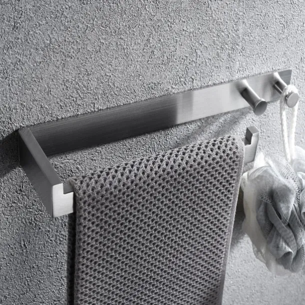Multifunctional Towel Bar with Coat Hooks Punch-free Self-adhesive Bathroom Shelf Stainless Steel Brushed Silver and Black 1pc