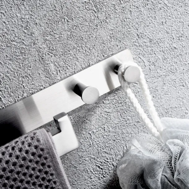 Multifunctional Towel Bar with Coat Hooks Punch-free Self-adhesive Bathroom Shelf Stainless Steel Brushed Silver and Black 1pc