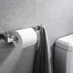 Multifunctional Towel Bar with Coat Hooks Punch-free Self-adhesive Bathroom Shelf Stainless Steel Brushed Silver and Black 1pc