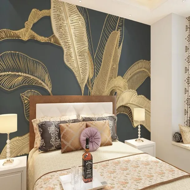 Mural Wallpaper Wall Sticker Covering Print Gold Tropical Palm Leaf Canvas Home Décor Peel and Stick Removable