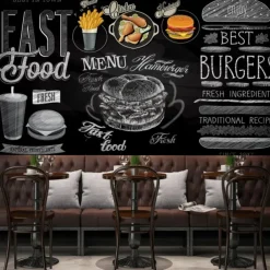 Mural Wallpaper Wall Sticker Custom Self-adhesive Dining Illustration Burger Fried Chicken PVC / Vinyl Suitable For Living Room Bedroom Restaurant Hotel Wall Decoration Art Home Decor