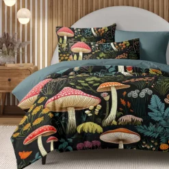 Mushroom Forest Mexican Folk Art Pattern Duvet Cover Set Comforter Set Soft 3-Piece Luxury Cotton Bedding Set Home Decor Gift
