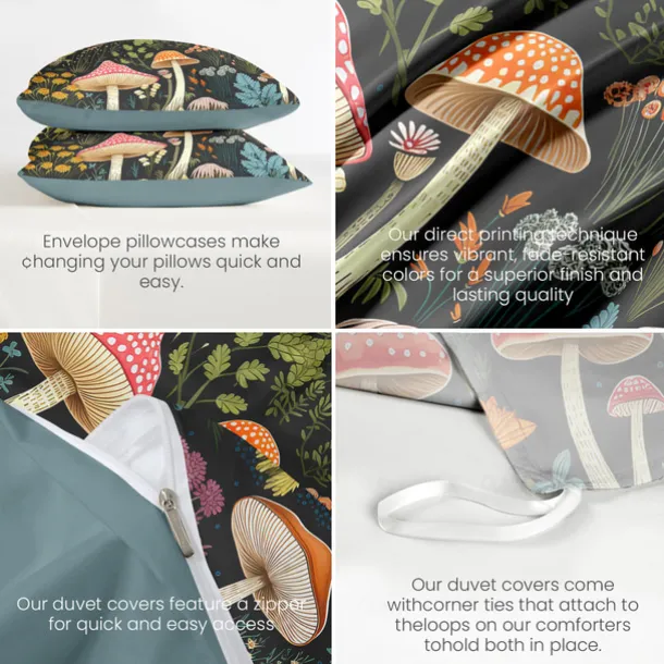 Mushroom Forest Mexican Folk Art Pattern Duvet Cover Set Comforter Set Soft 3-Piece Luxury Cotton Bedding Set Home Decor Gift