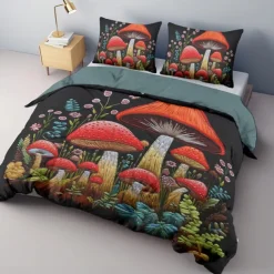 Mushroom Forest Mexican Folk Art Pattern Duvet Cover Set Comforter Set Soft 3-Piece Luxury Cotton Bedding Set Home Decor Gift King Queen Duvet Cover