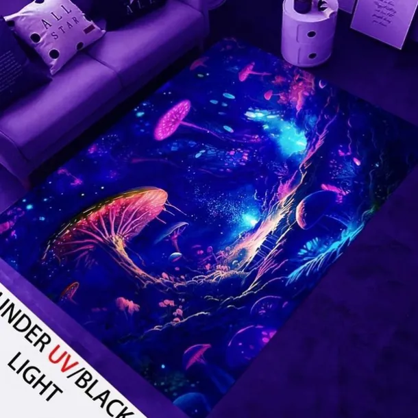 Mushroom Landscape Blacklight Rug Carpet Floor Mat UV Reactive Glow in the Dark Rug Large Non-Slip Rug Mat Carpet for Room Decor