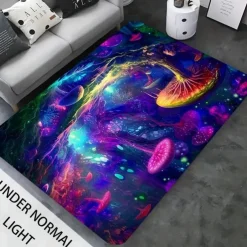 Mushroom Landscape Blacklight Rug Carpet Floor Mat UV Reactive Glow in the Dark Rug Large Non-Slip Rug Mat Carpet for Room Decor