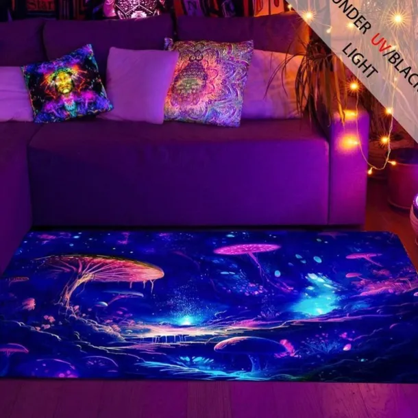 Mushroom Landscape Blacklight Rug Carpet Floor Mat UV Reactive Glow in the Dark Rug Large Non-Slip Rug Mat Carpet for Room Decor