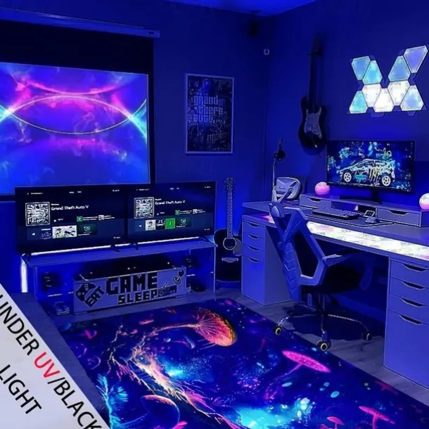 Mushroom Landscape Blacklight Rug Carpet Floor Mat UV Reactive Glow in the Dark Rug Large Non-Slip Rug Mat Carpet for Room Decor