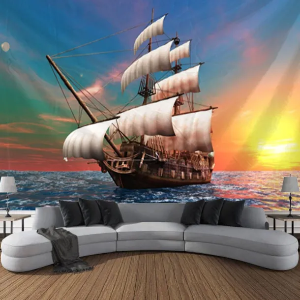 Nature Landscape Hanging Tapestry Wall Art Marine Sailing Moon Large Tapestry Mural Decor Photograph Backdrop Blanket Curtain Home Bedroom Living Room Decoration Pirate