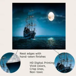 Nature Landscape Hanging Tapestry Wall Art Marine Sailing Moon Large Tapestry Mural Decor Photograph Backdrop Blanket Curtain Home Bedroom Living Room Decoration Pirate