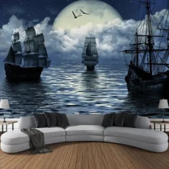 Nature Landscape Hanging Tapestry Wall Art Marine Sailing Moon Large Tapestry Mural Decor Photograph Backdrop Blanket Curtain Home Bedroom Living Room Decoration Pirate
