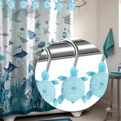 Nautical Blue Sea Turtles Beach Theme Shower Curtain Hooks 12pcs, Ocean Decor Shower Hooks for Shower Curtain, Tropical Shower Curtain Rings Rust Proof Shower Curtain