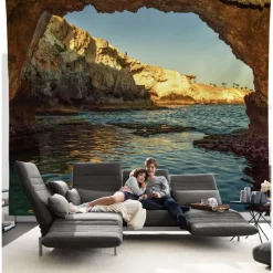 Ocean Cave Wall Tapestry Landscape Sunset Island Art Decor Photograph Backdrop Blanket Curtain Hanging Home Bedroom Living Room Decoration