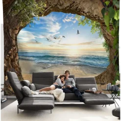 Ocean Cave Wall Tapestry Landscape Sunset Island Art Decor Photograph Backdrop Blanket Curtain Hanging Home Bedroom Living Room Decoration
