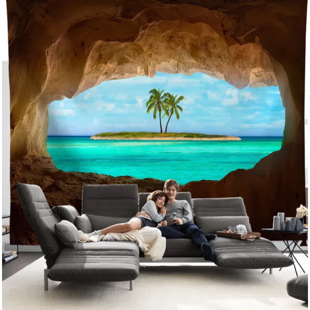 Ocean Cave Wall Tapestry Landscape Sunset Island Art Decor Photograph Backdrop Blanket Curtain Hanging Home Bedroom Living Room Decoration