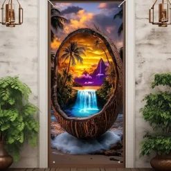Ocean Coconut Door Decorations Door Covers Door Tapestry Door Curtain Decoration Backdrop Indoor/Outdoor Door Banner for Front Door Farmhouse