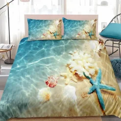 Ocean Duvet Cover Bedding Sets Comforter Cover with 1 Duvet Cover or Coverlet，1Sheet，2 Pillowcases for Double/Queen/King(1 Pillowcase for Twin/Single)