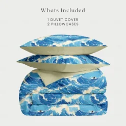 Ocean Wave Duvet Cover Set Soft Microfiber Bedding Vibrant Wave Design Includes Duvet Cover and Pillowcases Fade-Resistant, Zipper Closure, Machine Washable Queen, King, Twin Sizes Coastal Beach Theme