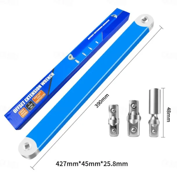 Offset Extension Wrench Set, 15.4 Inch Offset Extension Wrench with 1/2", 1/4", 3/8" Square Drive Adapters and 3/8" Drive Ratchet Wrench, Universal Impact Wrench Extender Tool for Tight Place