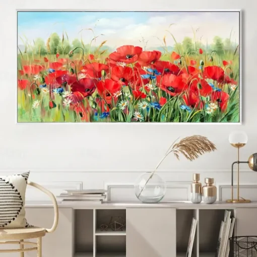 Oil painting hand painted Poppy Field Painting ArtWork handmade Wildflowers Oil Painting Landscape Red Poppies oil Painting for living room bedroom hotel wall home decoration
