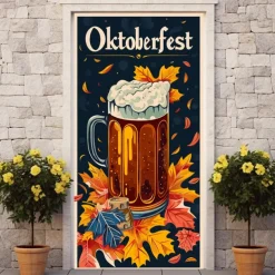 Oktoberfest Beer Barrel Door Covers Door Tapestry Door Curtain Decoration Backdrop Door Banner for Front Door Farmhouse Holiday Party Decor Supplies