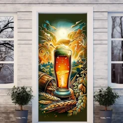 Oktoberfest Beer Barrel Door Covers Door Tapestry Door Curtain Decoration Backdrop Door Banner for Front Door Farmhouse Holiday Party Decor Supplies