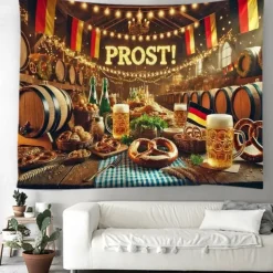 Oktoberfest German Bavarian Hanging Tapestry Pretzel Beer Bratwurst Wall Art Blue White Plaid Large Tapestry Mural Decor Photograph Backdrop Festival
