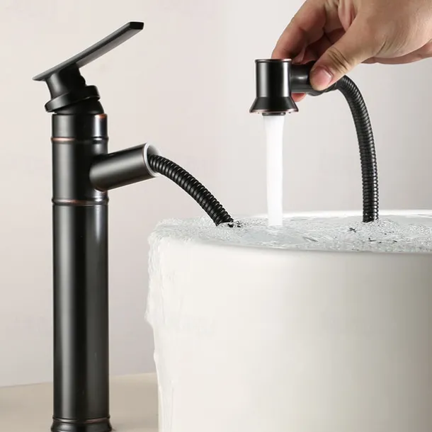 ORB Bathroom Sink Faucet,Pull out Spray Antique Brass Single Handle One Hole Bath Taps