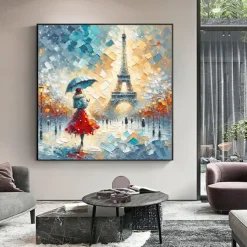 Original Rainy Parisian Elegance Hand Painted Impasto Oil Painting Vibrant Eiffel Tower Street Scene Wall Art Unframed Canvas Painting