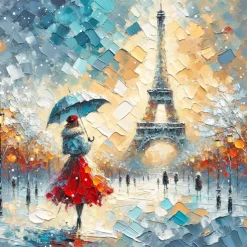 Original Rainy Parisian Elegance Hand Painted Impasto Oil Painting Vibrant Eiffel Tower Street Scene Wall Art Unframed Canvas Painting
