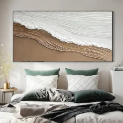 Original White Ocean Wave Art Beach Abstract Painting White Wall Art Brown 3D Texture Painting Brown Beach Wall Art Modern Pastel Room Decor