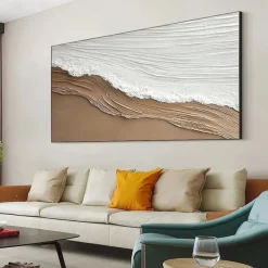 Original White Ocean Wave Art Beach Abstract Painting White Wall Art Brown 3D Texture Painting Brown Beach Wall Art Modern Pastel Room Decor