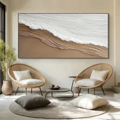 Original White Ocean Wave Art Beach Abstract Painting White Wall Art Brown 3D Texture Painting Brown Beach Wall Art Modern Pastel Room Decor