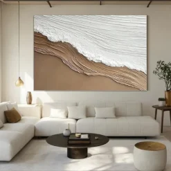 Original White Ocean Wave Art Beach Abstract Painting White Wall Art Brown 3D Texture Painting Brown Beach Wall Art Modern Pastel Room Decor