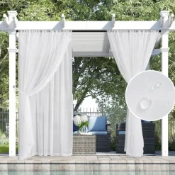 Outdoor Curtain for Patio, White Linen Look Semi-Sheer Curtains Waterproof Light Filtering Voile Outside Grommet Drapes for Pergola Balcony Pool Indoor