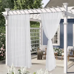 Outdoor Curtain for Patio, White Linen Look Semi-Sheer Curtains Waterproof Light Filtering Voile Outside Grommet Drapes for Pergola Balcony Pool Indoor