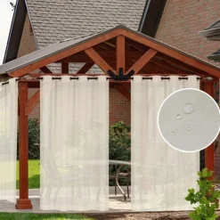 Outdoor Curtain for Patio, White Linen Look Semi-Sheer Curtains Waterproof Light Filtering Voile Outside Grommet Drapes for Pergola Balcony Pool Indoor