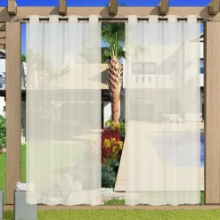 Outdoor Curtain for Patio, White Linen Look Semi-Sheer Curtains Waterproof Light Filtering Voile Outside Grommet Drapes for Pergola Balcony Pool Indoor