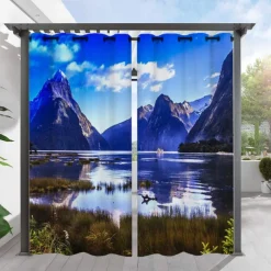 Outdoor Curtains for Patio Waterproof, Grommet Top Curtains with Lake Mountain Pattern for Pergola/Gazebo/Porch/Cabana/Deck/Pool, 1 Panel