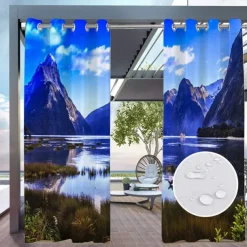 Outdoor Curtains for Patio Waterproof, Grommet Top Curtains with Lake Mountain Pattern for Pergola/Gazebo/Porch/Cabana/Deck/Pool, 1 Panel
