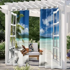 Outdoor Curtains Waterproof Windproof Weatherproof Curtain for Patio, Cabana, Porch, Pergola and Gazebo, Grommet Top Drape, 2 Panels Beach Palm