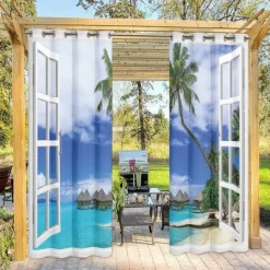 Outdoor Curtains Waterproof Windproof Weatherproof Curtain for Patio, Cabana, Porch, Pergola and Gazebo, Grommet Top Drape, 2 Panels Beach Palm
