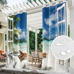 Outdoor Curtains Waterproof Windproof Weatherproof Curtain for Patio, Cabana, Porch, Pergola and Gazebo, Grommet Top Drape, 2 Panels Beach Palm