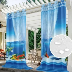 Outdoor Curtains Waterproof Windproof Weatherproof Curtain for Patio, Cabana, Porch, Pergola and Gazebo, Grommet Top Drape, 2 Panels Garden Theme